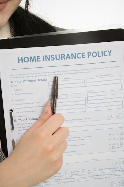 A close-up image of a person's hands holding a clipboard with a printed home insurance legal checklist, placed on a light wooden surface. The document contains headings such as 'A. Your Personal Detai